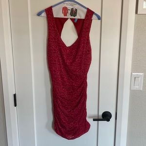 G by Guess Red Floral Detail Cocktail Dress Deep V Neck With an Open Back